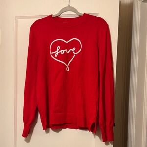 Marled size Large Red 'Love' Heart Crewneck Sweater